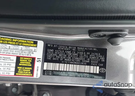 2022 Toyota Camry Le from USA, damaged, VIN 4T1C11AK0NU653830